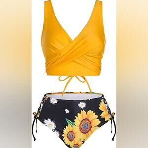 Women's‎ New Ruched Swimsuit Bikini Sunflowers Yellow Black 552 Size 3XL